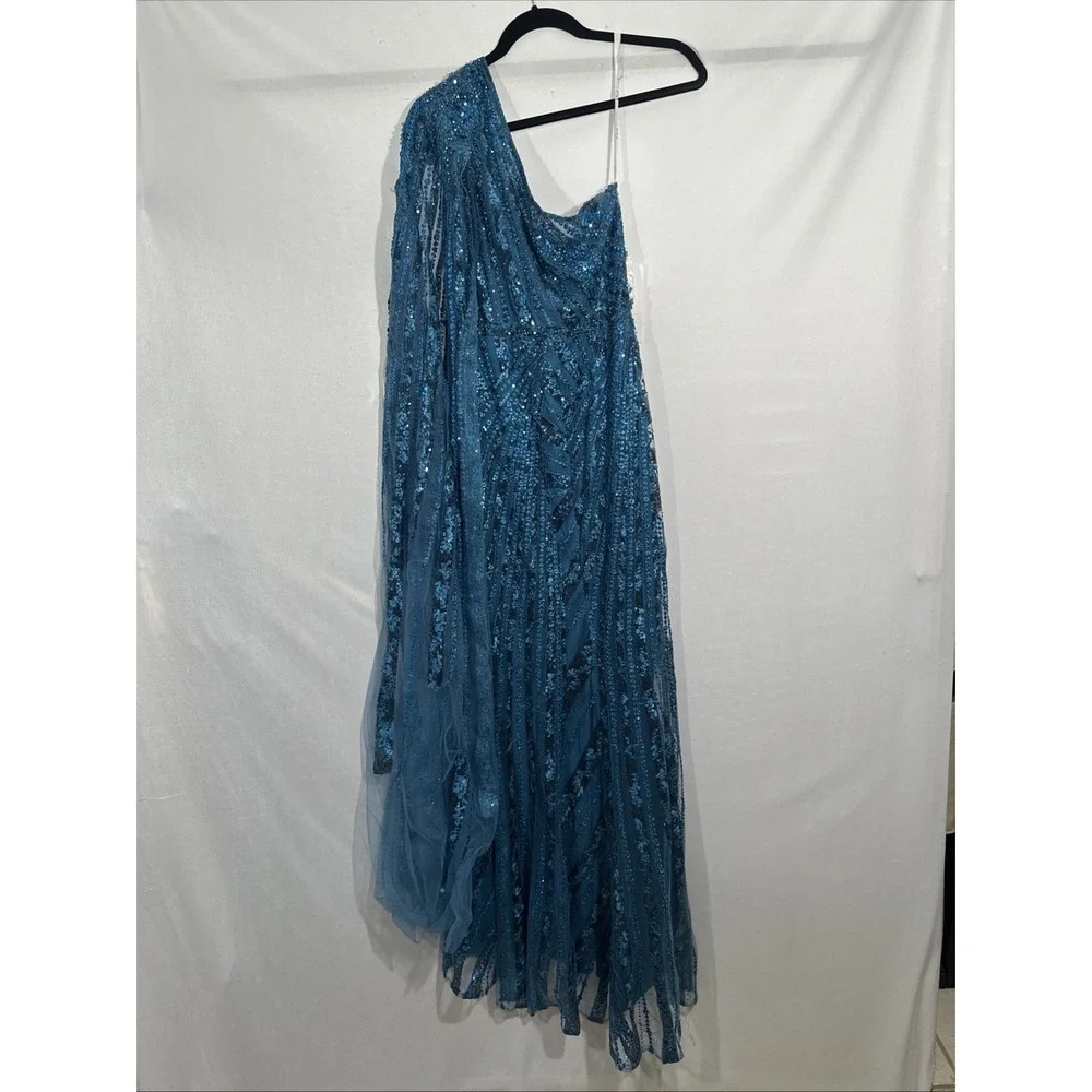 NWT Mac Duggal [ 4 ] 20528 One Shoulder‎ Cape Sleeve Embellished Gown Blue J1911 - Picture 13 of 15